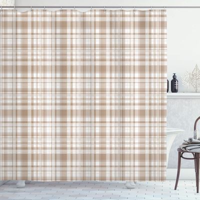 Ambesonne Plaid Shower Curtain, Modified Stripes Crossed Horizontal and Vertical Lines Forming Squares, Cloth Fabric Bathroom Decor Set with Hooks, 69" W x 75" L, Beige White