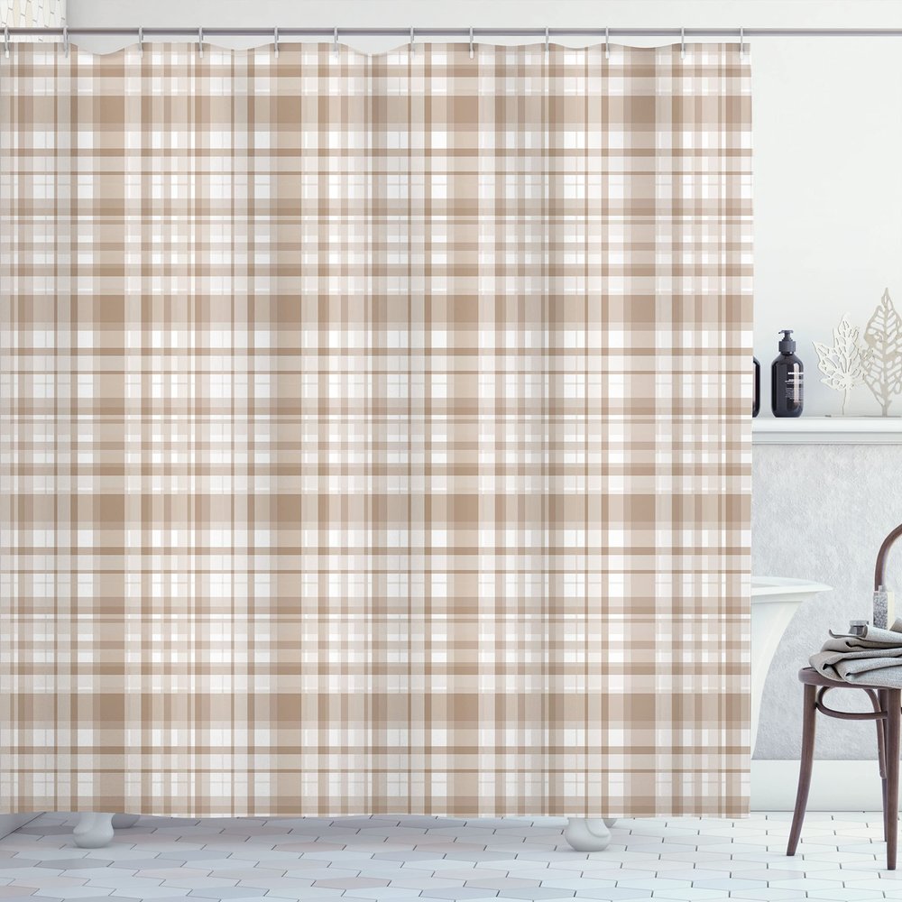 Ambesonne Plaid Shower Curtain, Modified Stripes Crossed Horizontal and Vertical Lines Forming Squares, Cloth Fabric Bathroom Decor Set with Hooks, 69" W x 75" L, Beige White