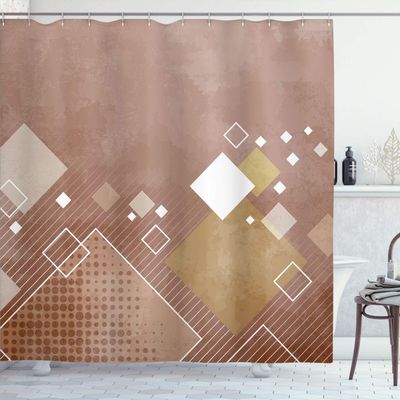 Ambesonne Abstract Shower Curtain, Geometric Composition Different Colored Squares Striped Dotted Rhombus, Cloth Fabric Bathroom Decor Set with Hooks, 84" Long Extra, Pale Redwood