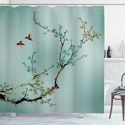 Ambesonne Nature Shower Curtain, Flowers Buds and Birds with Cherry Branches Style Artwork Painting Effect, Cloth Fabric Bathroom Decor Set with Hooks, 69" W x 84" L, Pale Teal