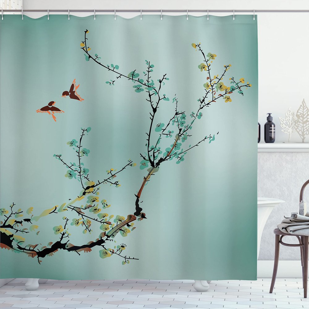 Ambesonne Nature Shower Curtain, Flowers Buds and Birds with Cherry Branches Style Artwork Painting Effect, Cloth Fabric Bathroom Decor Set with Hooks, 69" W x 84" L, Pale Teal