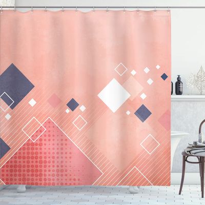 Ambesonne Abstract Shower Curtain, Geometric Composition Different Colored Squares Striped Dotted Rhombus, Cloth Fabric Bathroom Decor Set with Hooks, 69" W x 75" L, Dark Indigo