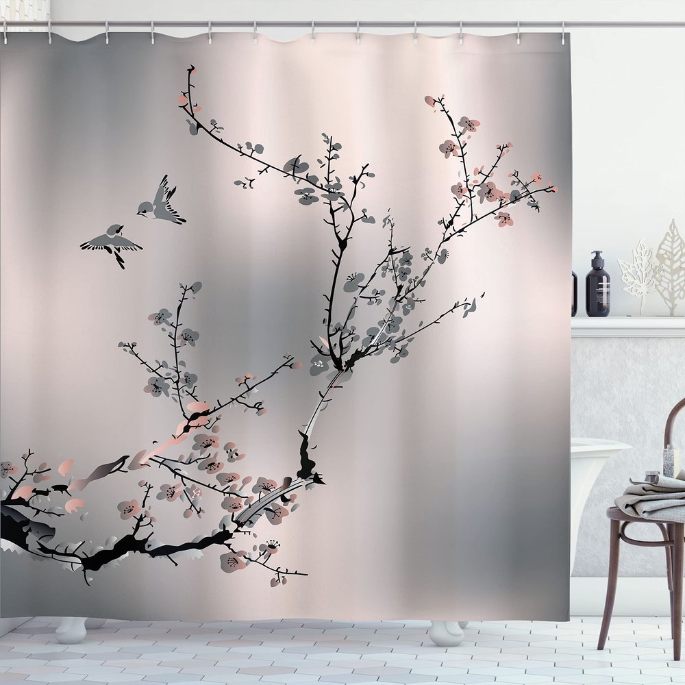Ambesonne Nature Shower Curtain, Flowers Buds and Birds with Cherry Branches Style Artwork Painting Effect, Cloth Fabric Bathroom Decor Set with Hooks, 69" W x 70" L, Peach