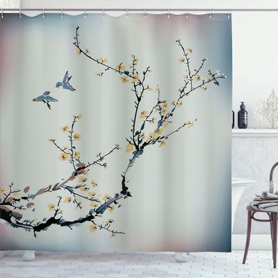 Ambesonne Nature Shower Curtain, Flowers Buds and Birds with Cherry Branches Style Artwork Painting Effect, Cloth Fabric Bathroom Decor Set with Hooks, 69" W x 70" L, Grey Mustard