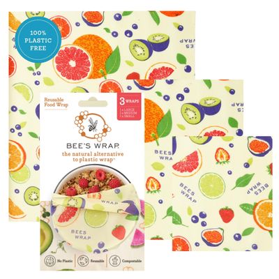 Bee's Wrap Beeswax Wraps for Food - 3 Pack of Assorted Beeswax Wraps - Small, Medium & Large Wrap - Plastic Free Made in USA Reusable Natural Food Wrap - Fresh Fruit Print