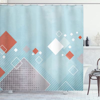 Ambesonne Abstract Fabric Shower Curtain, Geometric Composition Grunge Squares Striped Dotted, 100% Polyester Cloth Decor Set with Hooks for Master Bathroom Home and Dorm, 69" W x 70" L, Soft Blue