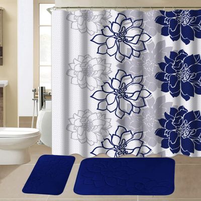 All American Collection 15-Piece Bathroom Set with 2 Memory Foam Bath Mats and Matching Shower Curtain | Designer Patterns and Colors (Flower Navy)