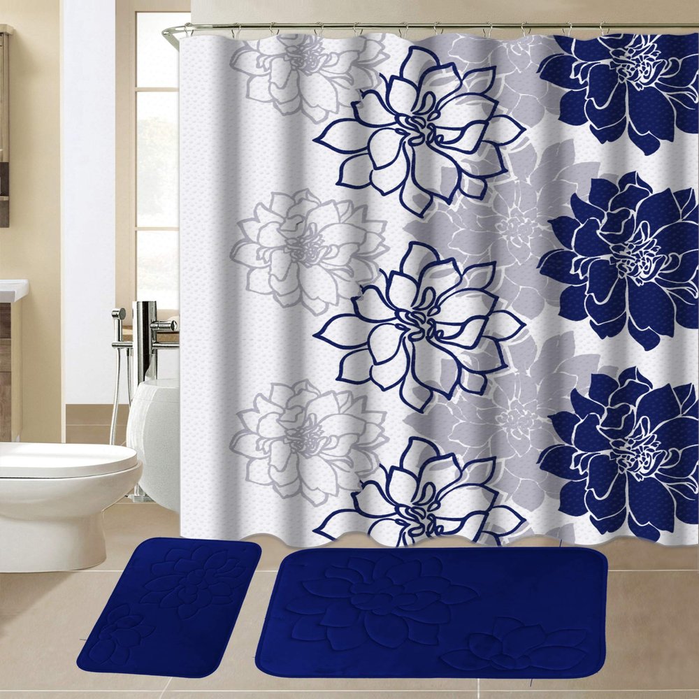 All American Collection 15-Piece Bathroom Set with 2 Memory Foam Bath Mats and Matching Shower Curtain | Designer Patterns and Colors (Flower Navy)