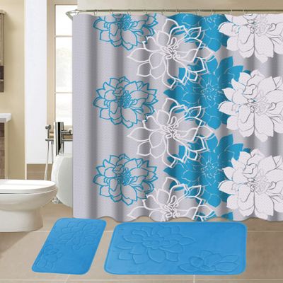 All American Collection 15-Piece Bathroom Set with 2 Memory Foam Bath Mats and Matching Shower Curtain | Designer Patterns and Colors (Flower Turquoise)