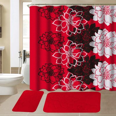 All American Collection 15-Piece Bathroom Set with 2 Memory Foam Bath Mats and Matching Shower Curtain | Designer Patterns and Colors (Flower Red)