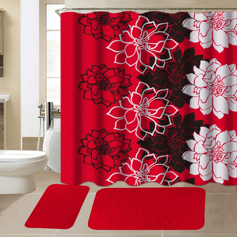 All American Collection 15-Piece Bathroom Set with 2 Memory Foam Bath Mats and Matching Shower Curtain | Designer Patterns and Colors (Flower Red)