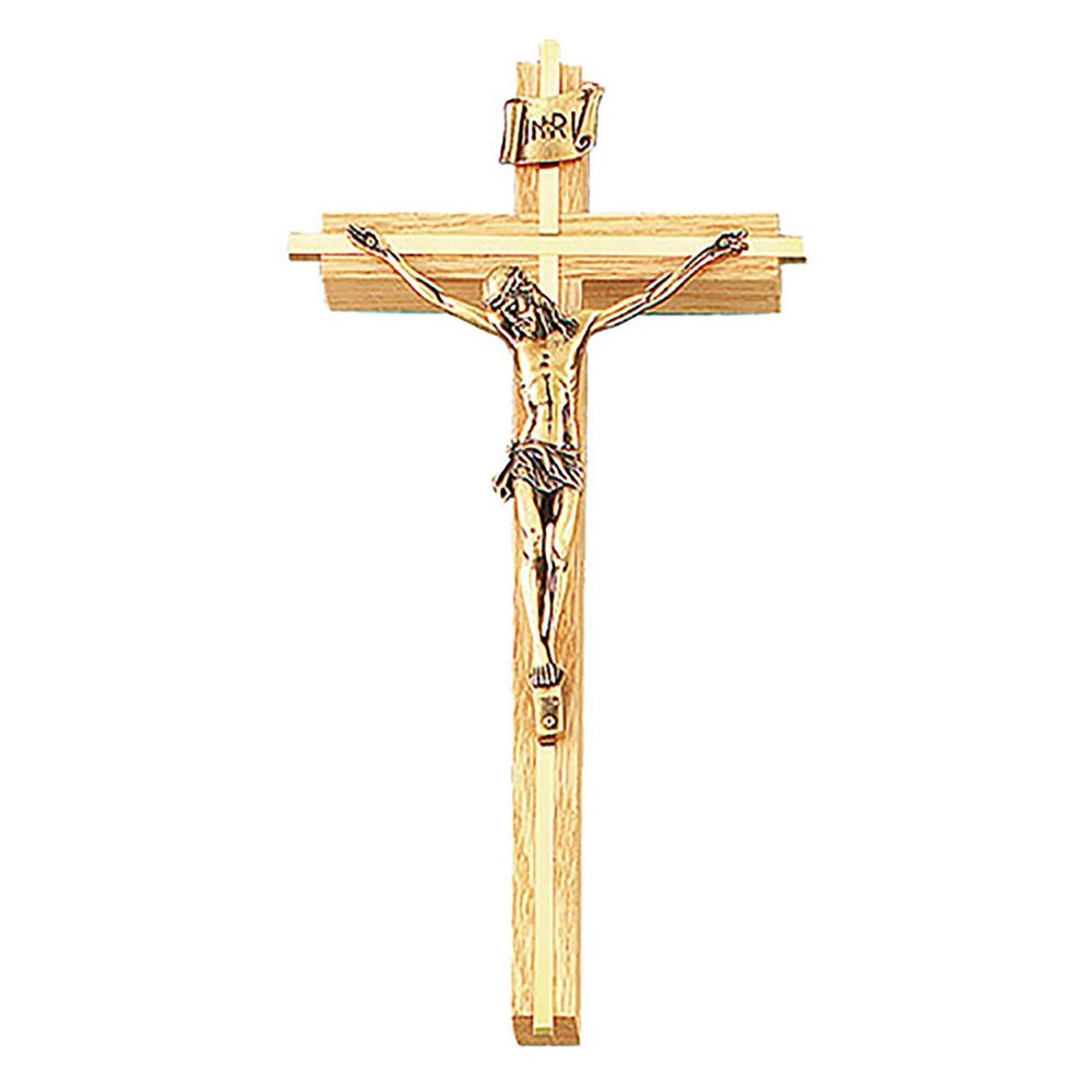 Oak Wood Catholic Wall Cross Crucifix with Gold Toned Inlay, 10 Inch