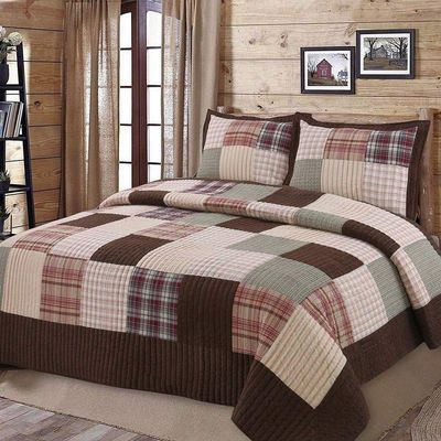 3 Piece Rustic Woody Brown Cabin Bedding, All Over Patchwork Print Neutral Colorful Plaid Pattern Cozy Twin Quilt Set, All Seasons Lodge Country Style Grid Squares Coverlet Reversible Bed Set Decor