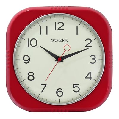 Westclox Retro Square Wall Clock, Vintage 1950s Mid-Century Design for Kitchen, Living Room, or Office  Quiet Quartz Analog Clock with Dome Glass Lens & Chrome Bezel (Red, 9.5")