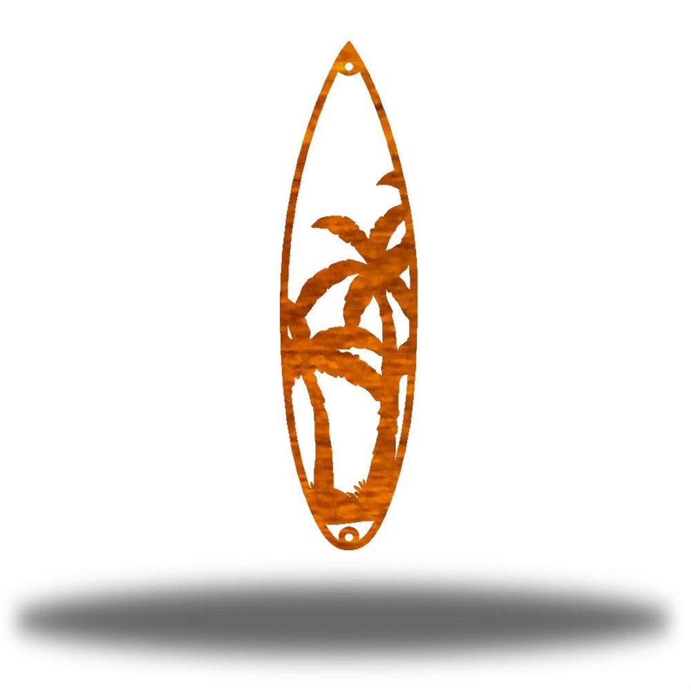 Riverside Designs Surfboard Coastal Ocean Beach Metal Art Steel Wall Decor (30" Palm Tree, Copper)
