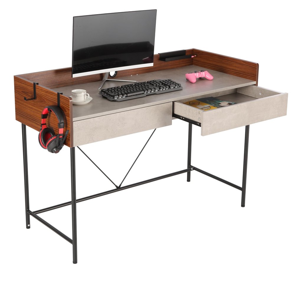 JJS 48" Home Office Computer Laptop Desk with Drawers, Modern Wooden Compact Study Writing Desk with Privacy Panel and Storage for Small Space (Walnut/Cement)