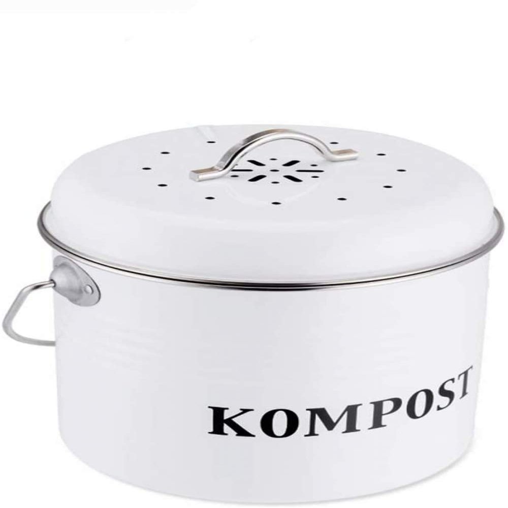 Compost Bin with Handle Made of Premium Zinc Painted Metal, Classic Design, Odourless Compost Bin for Teabags and Veg Peels,White