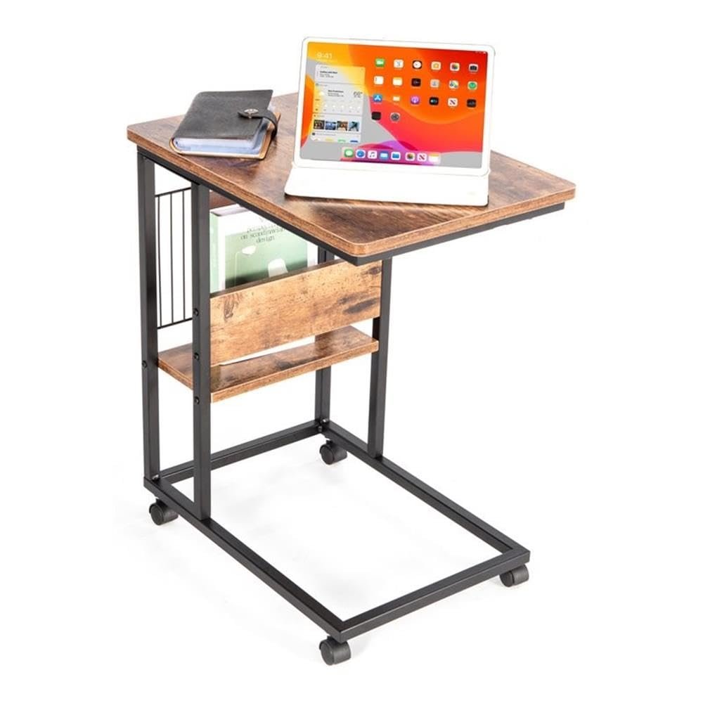 JJS Side End C Table with Magazine Holder for Sofa, Living Room Couch Table Snack Table That Slide Under for Small Spaces, Rustic Brown