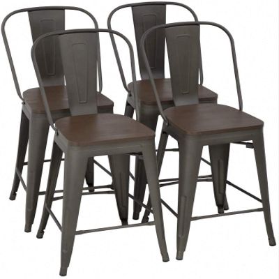 24 Inch Bronze Metal Bar Stools Indoor-Outdoor Counter Height Stools Wood Seat/Top and High Backrest, Industrial Modern Kitchen Dining Bar Chairs Rustic Mid Century Stackable Stools, Set of 4