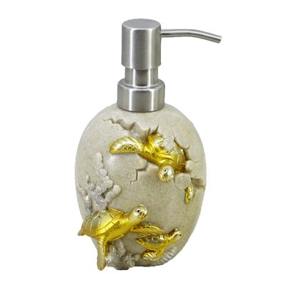 6-inch Turtle Soap Dispenser - Loyal Gold Resin Bathroom Organizer with Mother & Baby Design, Ocean Theme Coastal Decor