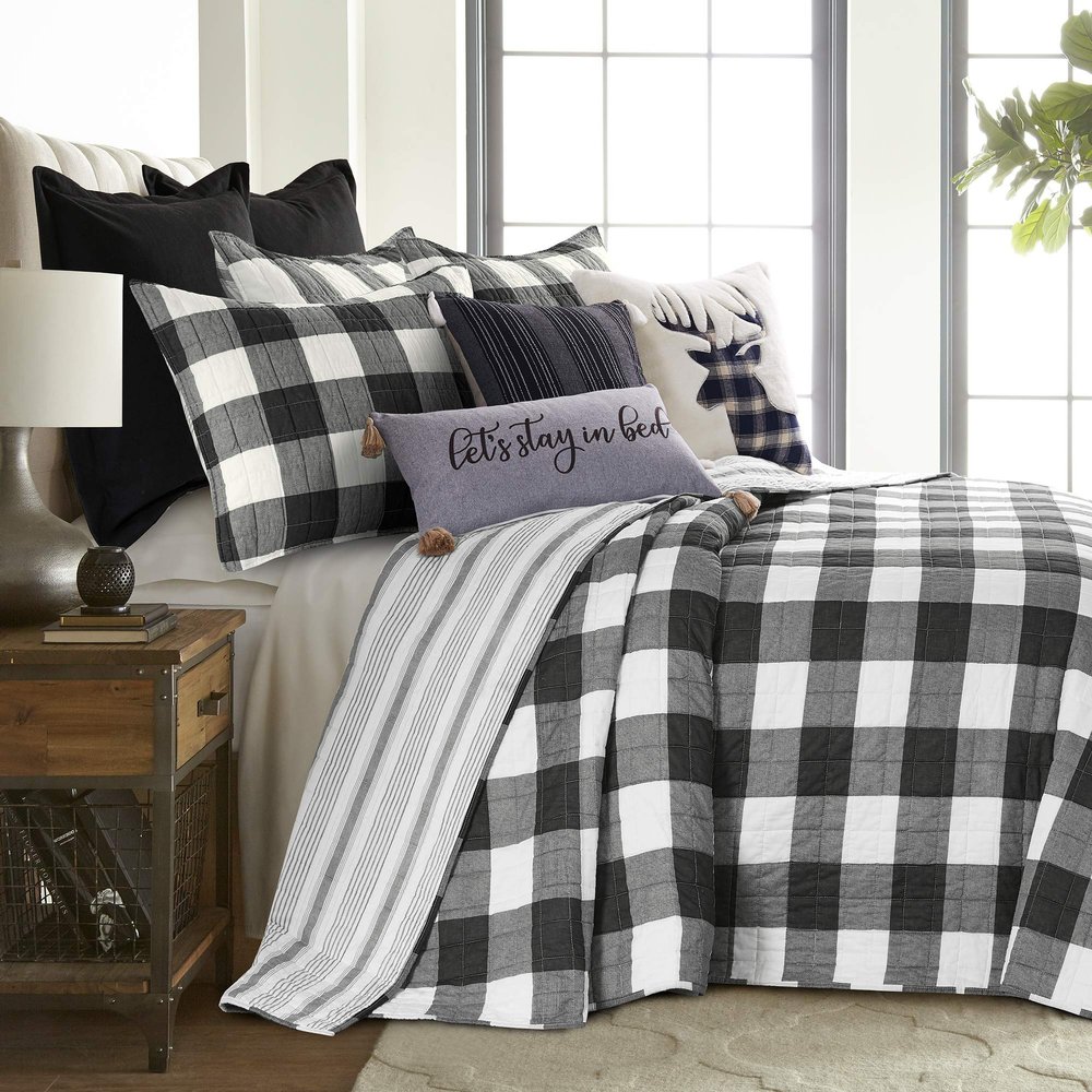 Levtex Home - Camden Bedspread Set - Full (96 x 110 in.) + Two Standard Pillow Shams (26 x20 in.) - Buffalo Check in Black and Cream - Reversible Pattern - Cotton