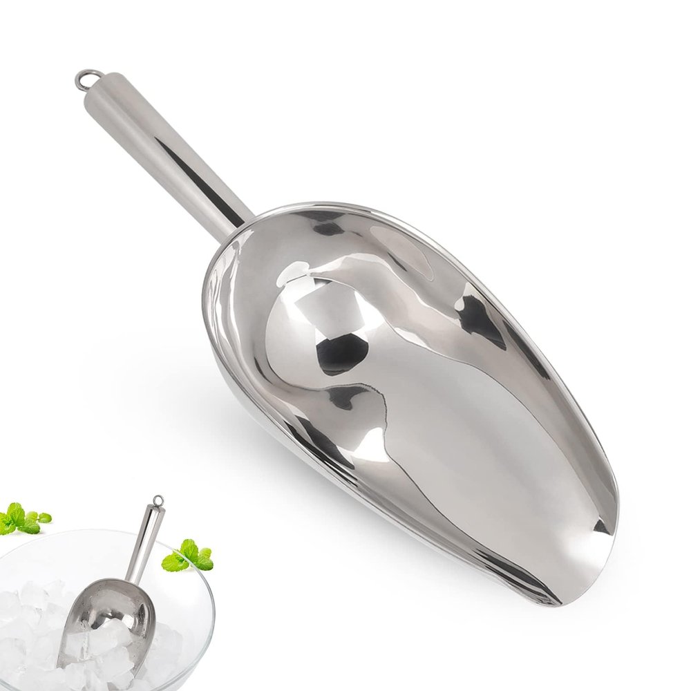 Stainless Steel Ice Scoop, Food Scooper Heavy Duty Ice Flour Utility Bucket Scoop with Handle for Coffee Beans Rice Flour Popcorn Dried Fruit, Bar, Parties & Weddings (38oz)