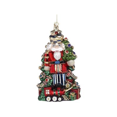 Mark Roberts 2021 Jeweled Nutcracker Ornament - Red and Blue 8 Inch Hanging Christmas Decoration with Tree and Train Accents