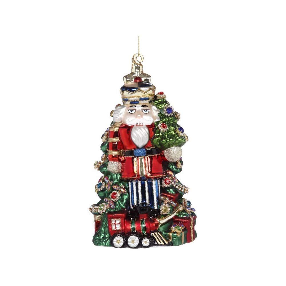 Mark Roberts 2021 Jeweled Nutcracker Ornament - Red and Blue 8 Inch Hanging Christmas Decoration with Tree and Train Accents