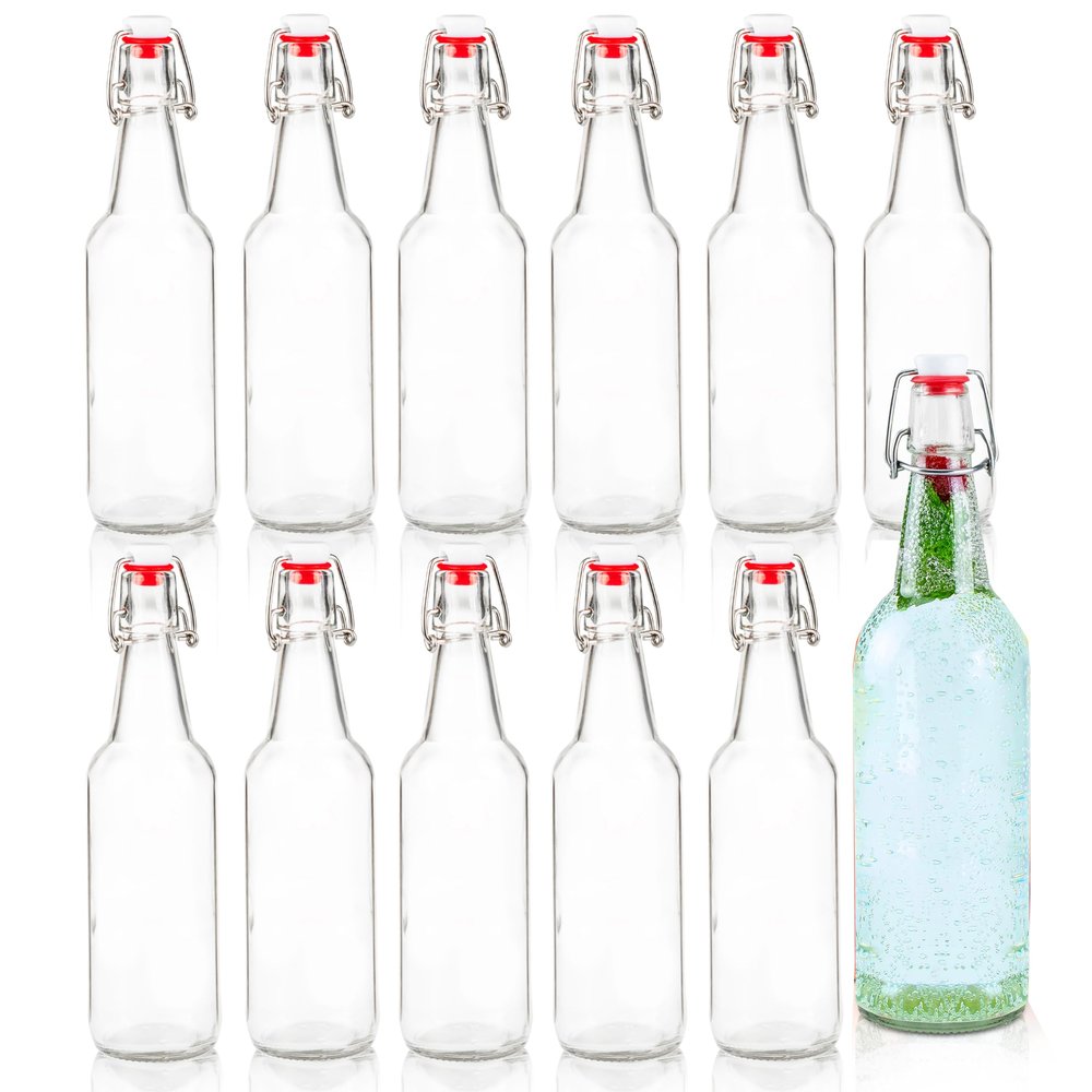 Ilyapa 12oz Clear Glass Beer Bottles for Home Brewing - 12 Pack with Flip Caps for Beer Bottling