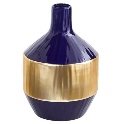 Nearly Natural 9in. Lux Blue Ceramic Vase with Gold Band