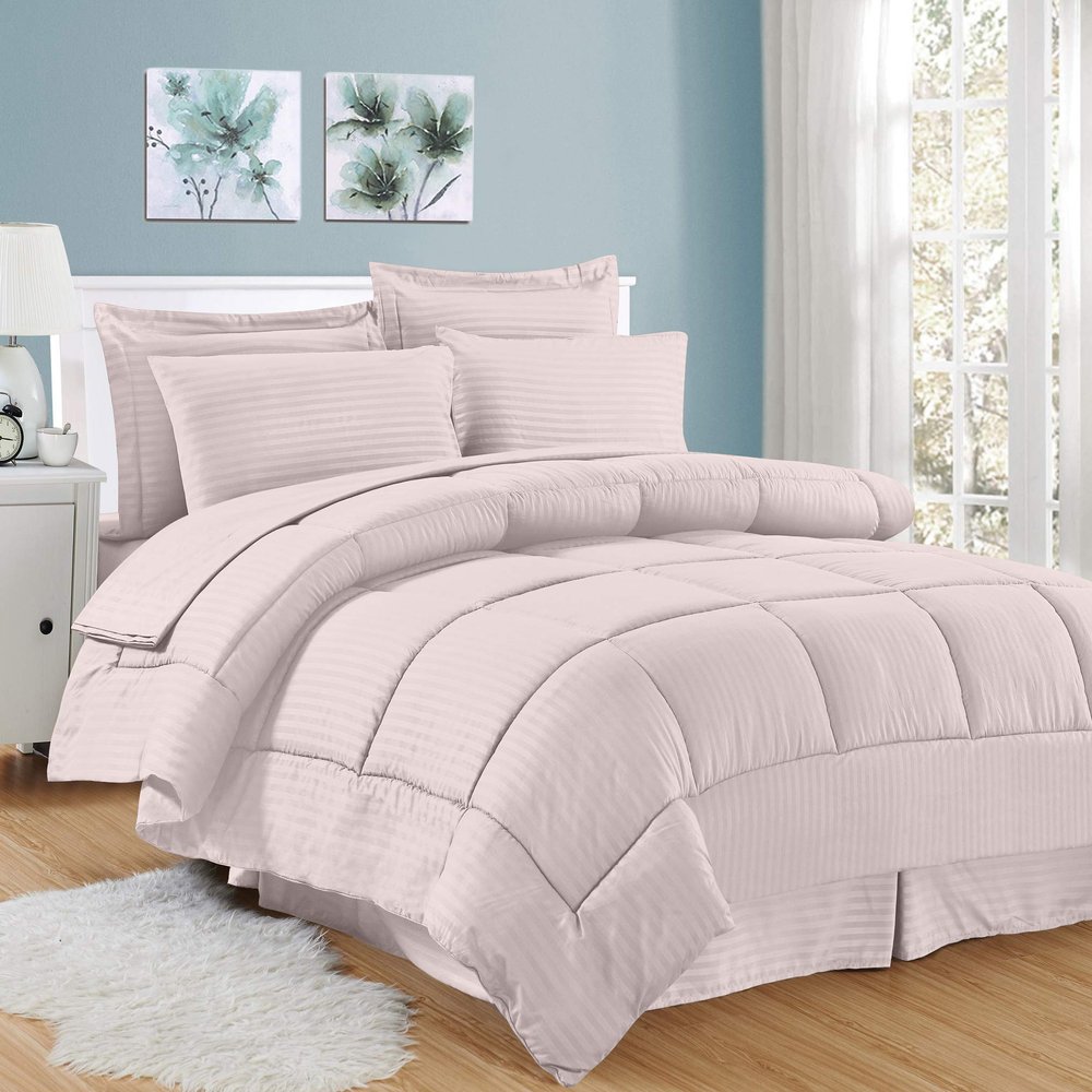 8Pcs Comforter Bedding Collection 100% Cotton 500 GSM Bed in A Bag 1Comforter,1Fitted Sheet 15''DP,1Flat Sheet,2Pillow Shams,2Pillow Cases,1Pleated Bed Skirt 15''Drop,Cal-King/Light Pink Stripe