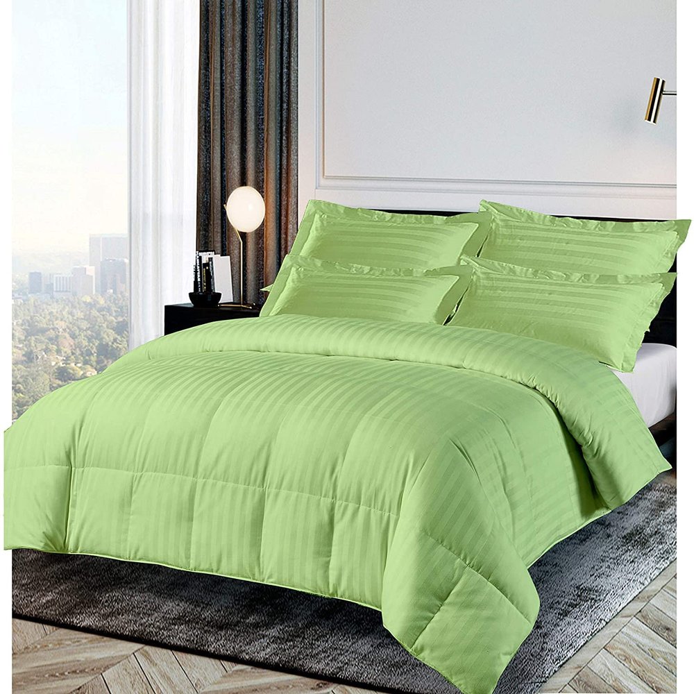 8Pcs Comforter Bedding Collection 100% Cotton 500 GSM Bed in A Bag 1Comforter,1Fitted Sheet 15''DP,1Flat Sheet,2Pillow Shams,2Pillow Cases,1Pleated Bed Skirt 15''Drop,King/Sage Stripe