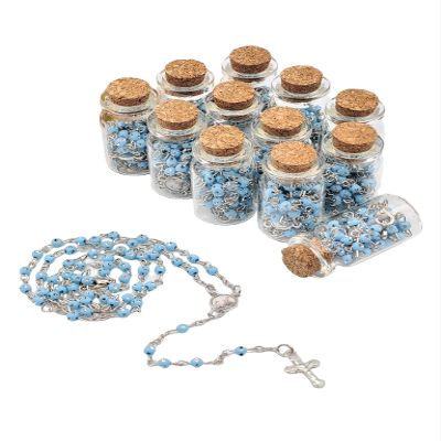 12pcs Rosary in Glass Bottle Beaded Necklace w/Crucifix Cross Charm w/Orgazna Bag Baptism/Christiening Favors Recuerdos de Bautizo(Blue)