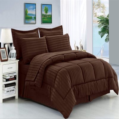 8Pcs Comforter Bedding Collection 100% Cotton 500 GSM Bed in A Bag 1Comforter,1Fitted Sheet 15''DP,1Flat Sheet,2Pillow Shams,2Pillow Cases,1Pleated Bed Skirt 15''Drop,Cal-King/Brown Stripe