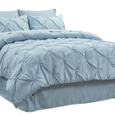 8Pcs Pinch Pleated Comforter Bedding Collection 100% Cotton 500 GSM in A Bag 1Comforter,1Fitted Sheet 15''DP,1Flat Sheet,2Pillow Shams,2Pillow Cases,1Pleated Bed Skirt 15'',Cal-King/Pinch Light Blue