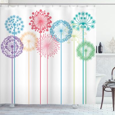 Ambesonne Floral Shower Curtain, Flower Inspired Artwork Colorful Dandelions on White Background Illustration Print, Cloth Fabric Bathroom Decor Set with Hooks, 69" W x 84" L, Dark Indigo