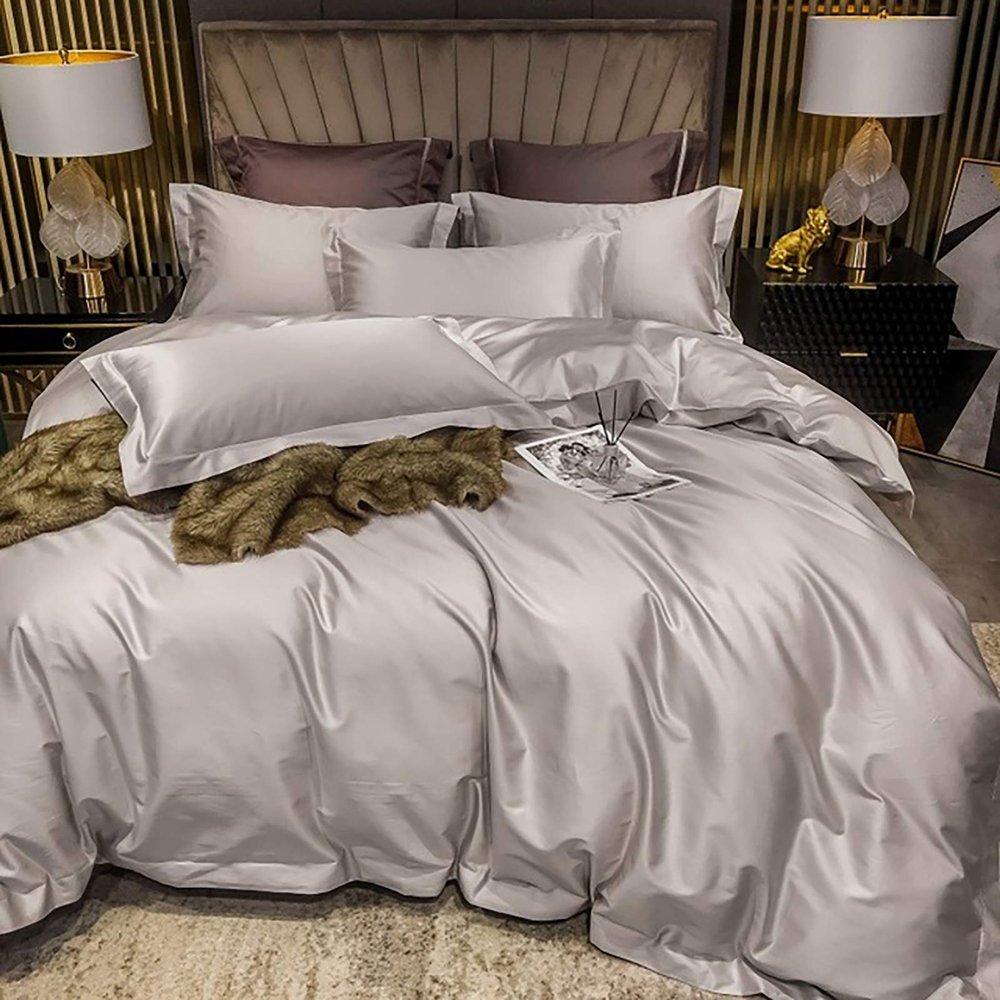 100% Satin Queen/Full Size 5 Piece Silver Duvet Cover Set,600 TC with Hidden Zipper & Corner Ties Rich Silk Super Soft Silk Like Satin Duvet Covers Set - (1 Duvet Cover with 4 Pillowcase)