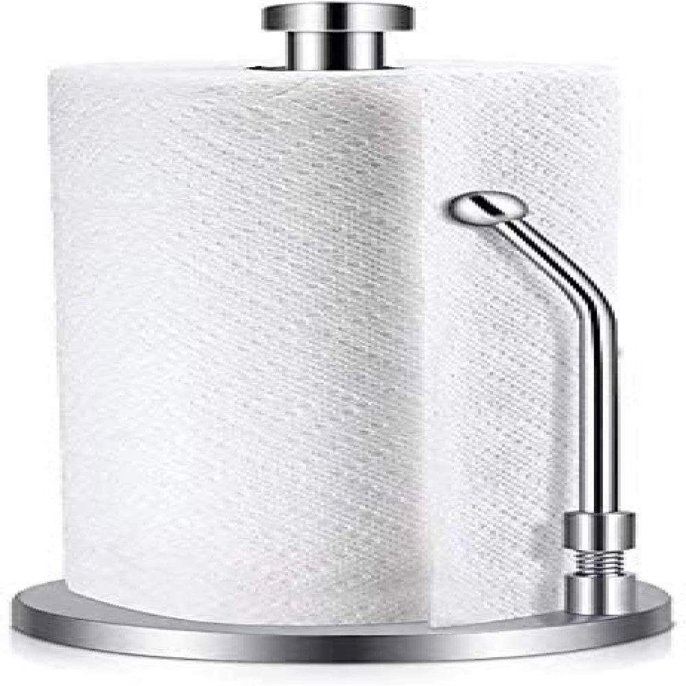 Kitchen Roll Holder, Free Standing Stainless Steel Paper Towel Holder Vertical Design with Spring Metal Pole Stand One-Handed Operation Paper Towel Dispenser