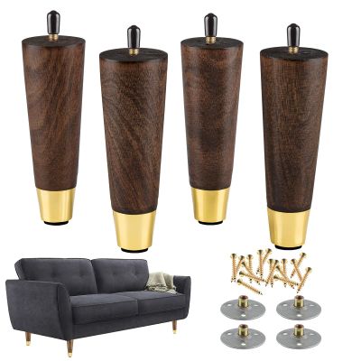 ALAMHI Mid-Century Modern Couch Legs - Set of 4, 6 Inch Brown Round Tapered with Brass Base for Cabinets, Coffee Table, Ottoman, Sofa, Loveseat, Armchair