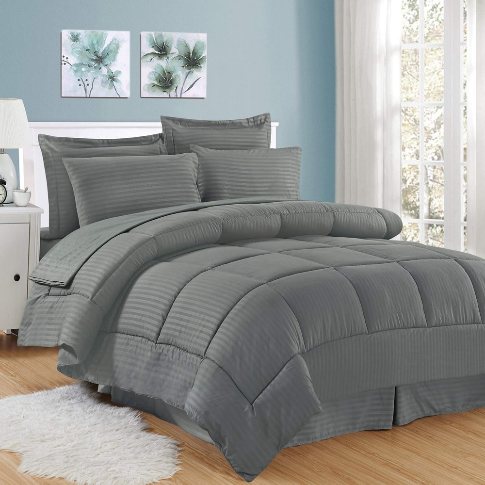 8Pcs Comforter Bedding Collection 100% Cotton 500 GSM Bed in A Bag 1Comforter,1Fitted Sheet 15''DP,1Flat Sheet,2Pillow Shams,2Pillow Cases,1Pleated Bed Skirt 15''Drop,King/Gray Stripe