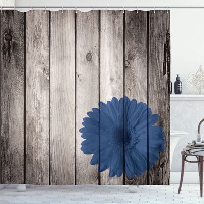 Ambesonne Rustic Shower Curtain, Flower Red Dahlia on Foreground of Murky Featured Dated Wooden Board Retro Art Print, Cloth Fabric Bathroom Decor Set with Hooks, 69" W x 84" L, Royal Blue