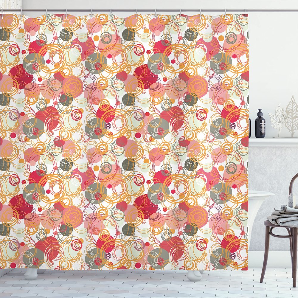 Ambesonne Abstract Shower Curtain, Hand Drawn Sketchy Geometrical Retro Modern Circles Image Illustration, Cloth Fabric Bathroom Decor Set with Hooks, 69" W x 75" L, Dark Magenta