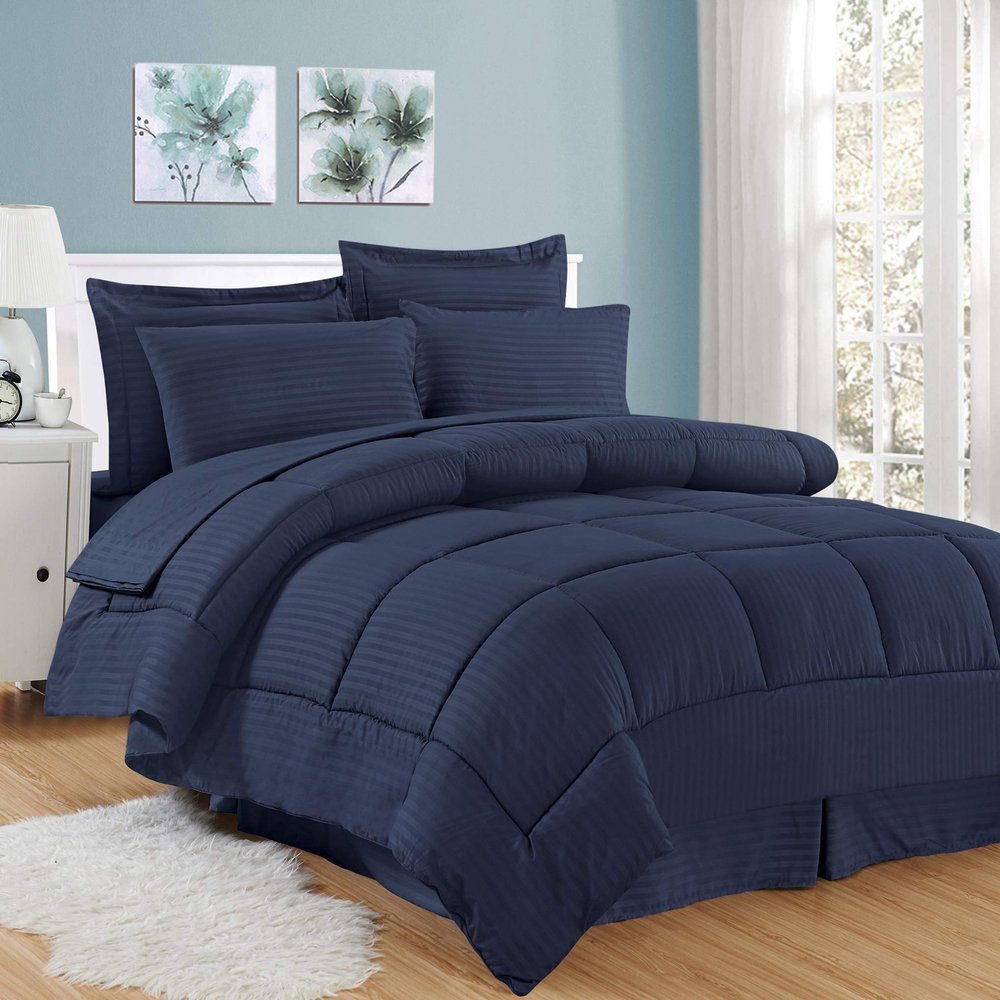 8Pcs Comforter Bedding Collection 100% Cotton 500 GSM Bed in A Bag 1Comforter,1Fitted Sheet 15''DP,1Flat Sheet,2Pillow Shams,2Pillow Cases,1Pleated Bed Skirt 15''Drop,Queen/Navy Stripe