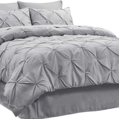 8Pcs Pinch Pleated Comforter Bedding Collection 100% Cotton 500 GSM in A Bag 1Comforter,1Fitted Sheet 15''DP,1Flat Sheet,2Pillow Shams,2Pillow Cases,1Pleated Bed Skirt 15''Drop,Twin XL/Pinch Gray