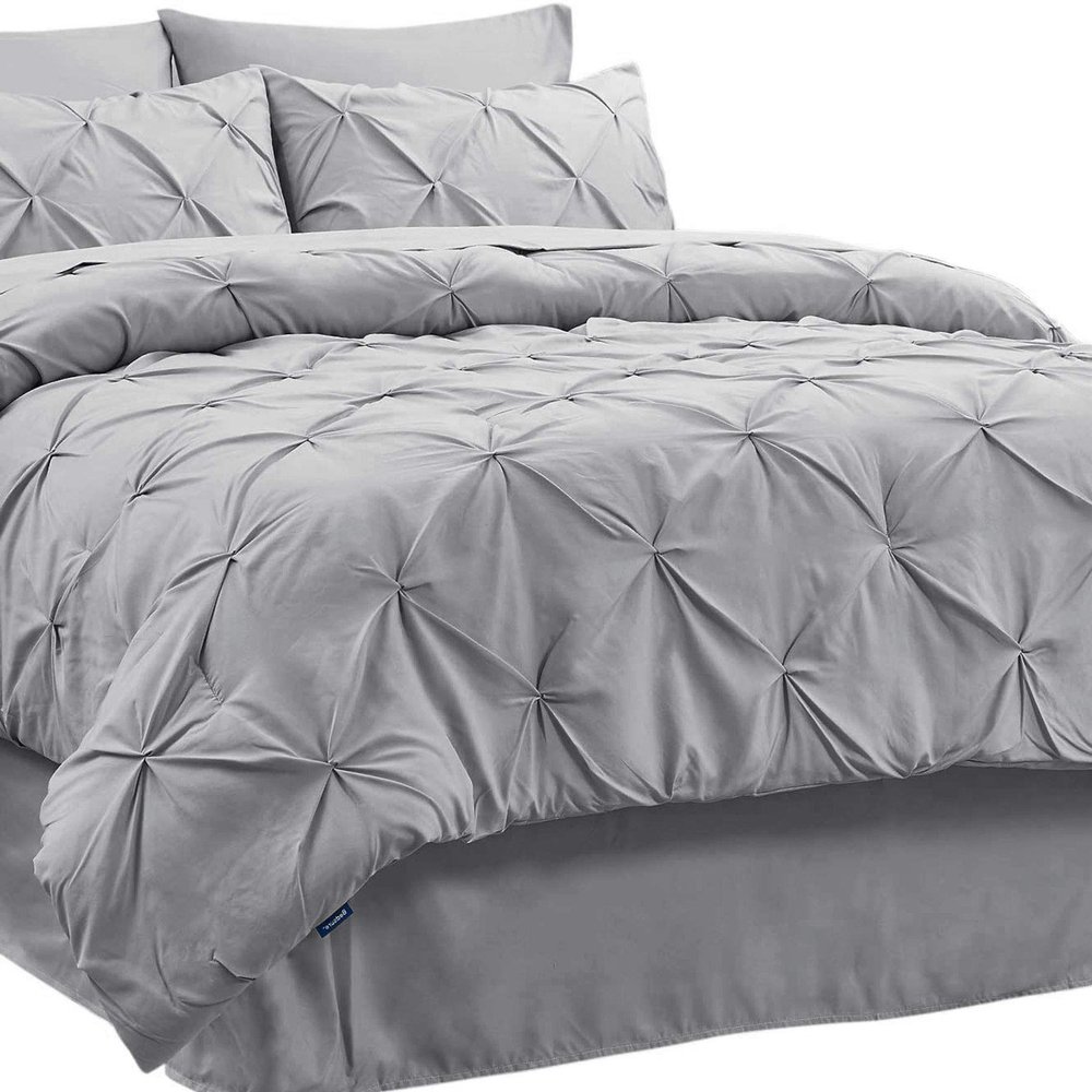 8Pcs Pinch Pleated Comforter Bedding Collection 100% Cotton 500 GSM in A Bag 1Comforter,1Fitted Sheet 15''DP,1Flat Sheet,2Pillow Shams,2Pillow Cases,1Pleated Bed Skirt 15''Drop,Twin XL/Pinch Gray