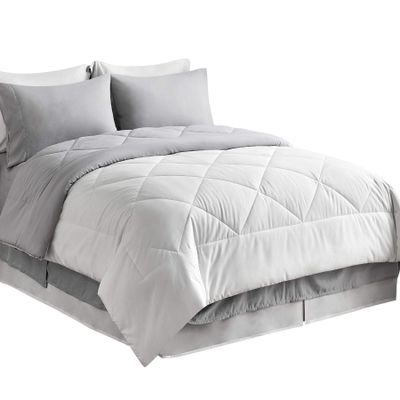 8Pcs Reversible Comforter Bedding Set 100% Cotton 500 GSM in A Bag 1Comforter,1Fitted Sheet 15''DP,1Flat Sheet,2Pillow Shams,2Pillow Cases,1Pleated Bed Skirt 15''Drop,Twin-White/Gray