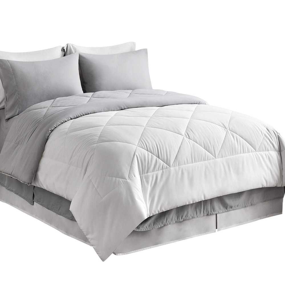 8Pcs Reversible Comforter Bedding Set 100% Cotton 500 GSM in A Bag 1Comforter,1Fitted Sheet 15''DP,1Flat Sheet,2Pillow Shams,2Pillow Cases,1Pleated Bed Skirt 15''Drop,Twin-White/Gray