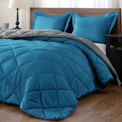 3 PC-All Season Reversible Comforter/Blanket with 2 Pillow Shams-100% Pure Cotton-500 GSM Box Stitched Poly Fill Cal-King/King-Ocean/Gray Elegant Design Breathable and Lightweight Comforter