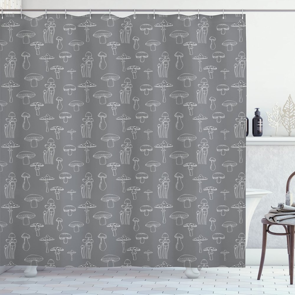 Ambesonne Mushroom Shower Curtain, Monochrome Digital Pencil Drawing Magic Garden Produce Sketch Illustration Art, Cloth Fabric Bathroom Decor Set with Hooks, 69" W x 70" L, Dimgray White