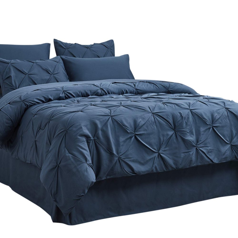 8Pcs Pinch Pleated Comforter Bedding Collection 100% Cotton 500 GSM in A Bag 1Comforter,1Fitted Sheet 15''DP,1Flat Sheet,2Pillow Shams,2Pillow Cases,1Pleated Bed Skirt 15''Drop,Queen/Pinch Navy